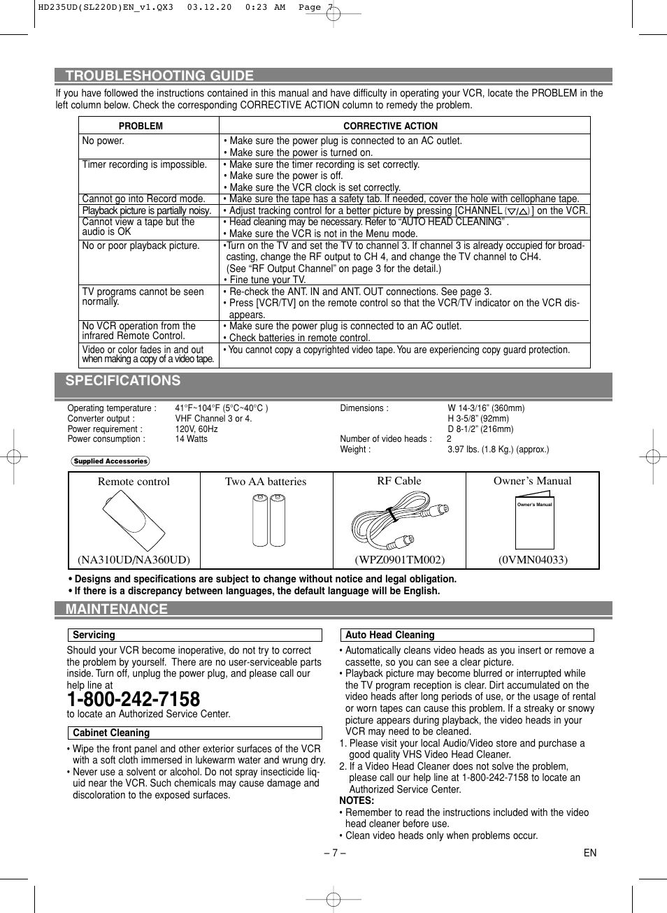 Troubleshooting guide specifications maintenance | Symphonic SL220D User Manual | Page 7 / 8