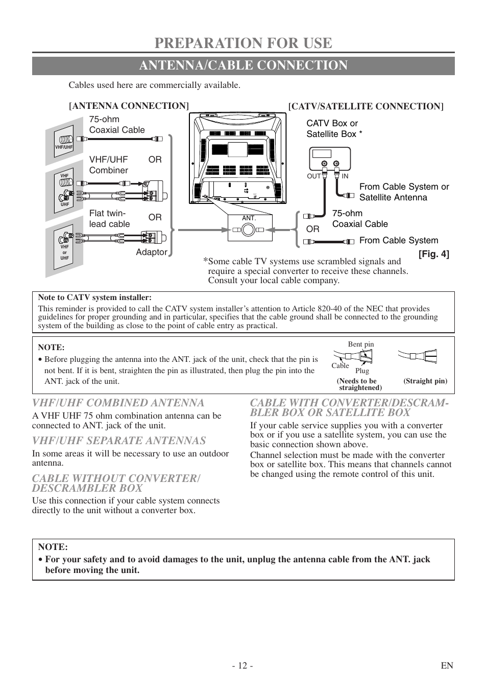 Preparation for use, Antenna/cable connection, Vhf/uhf combined antenna | Vhf/uhf separate antennas, Cable without converter/ descrambler box | Symphonic SC724FDF User Manual | Page 12 / 56