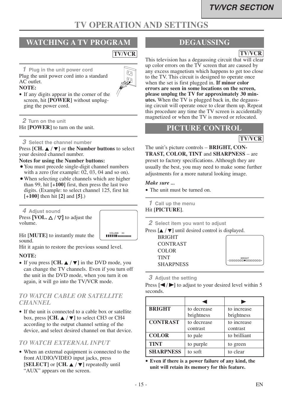 Tv operation and settings, Degaussing, Watching a tv program | Picture control, Tv/vcr | Symphonic SC724FDF User Manual | Page 15 / 56