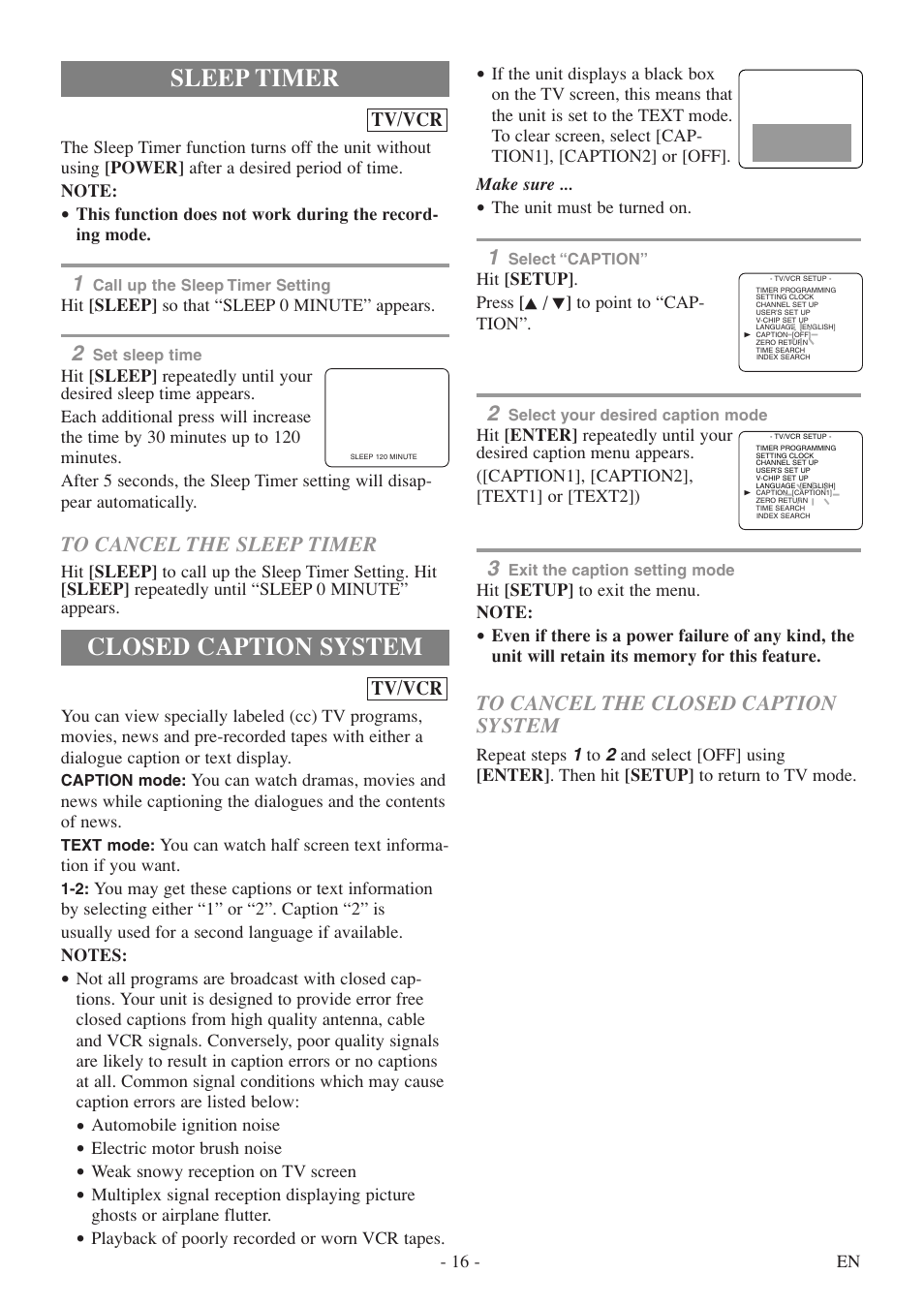 Closed caption system, Sleep timer | Symphonic SC724FDF User Manual | Page 16 / 56