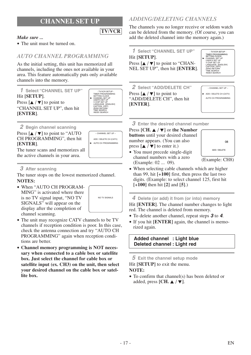 Channel set up, Auto channel programming, Adding/deleting channels | Tv/vcr | Symphonic SC724FDF User Manual | Page 17 / 56