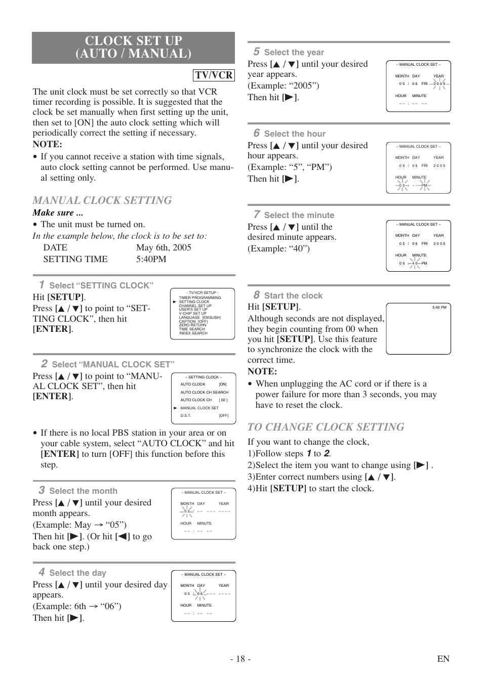 Clock set up (auto / manual), Manual clock setting, Tv/vcr | 18 - en, Make sure, Select the year, Select the hour, Select the minute, Start the clock, Select “setting clock | Symphonic SC724FDF User Manual | Page 18 / 56