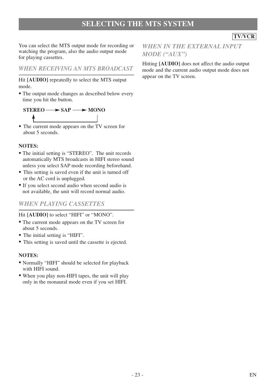 Selecting the mts system | Symphonic SC724FDF User Manual | Page 23 / 56