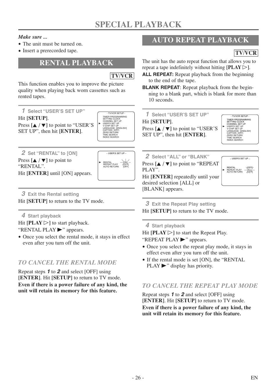 Special playback, Rental playback, Auto repeat playback | Tv/vcr | Symphonic SC724FDF User Manual | Page 26 / 56