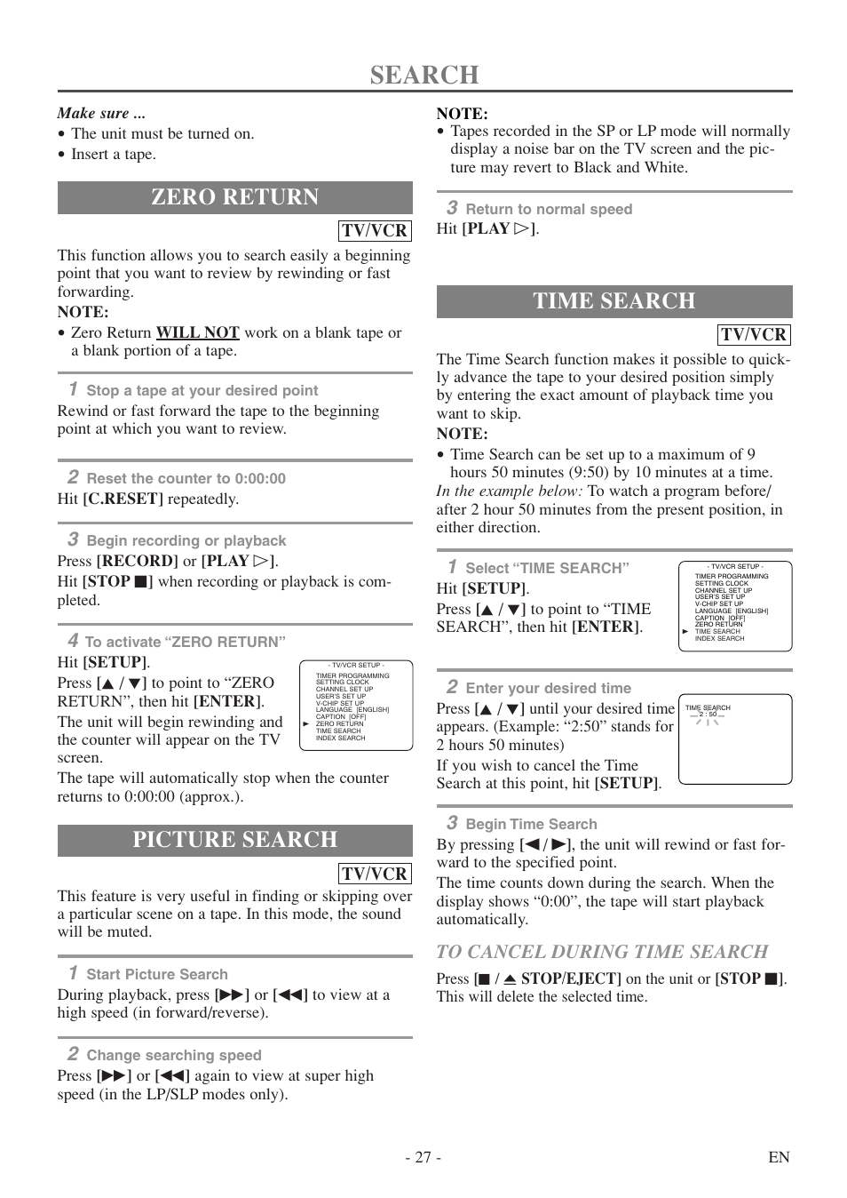 Search, Zero return, Time search | Picture search | Symphonic SC724FDF User Manual | Page 27 / 56