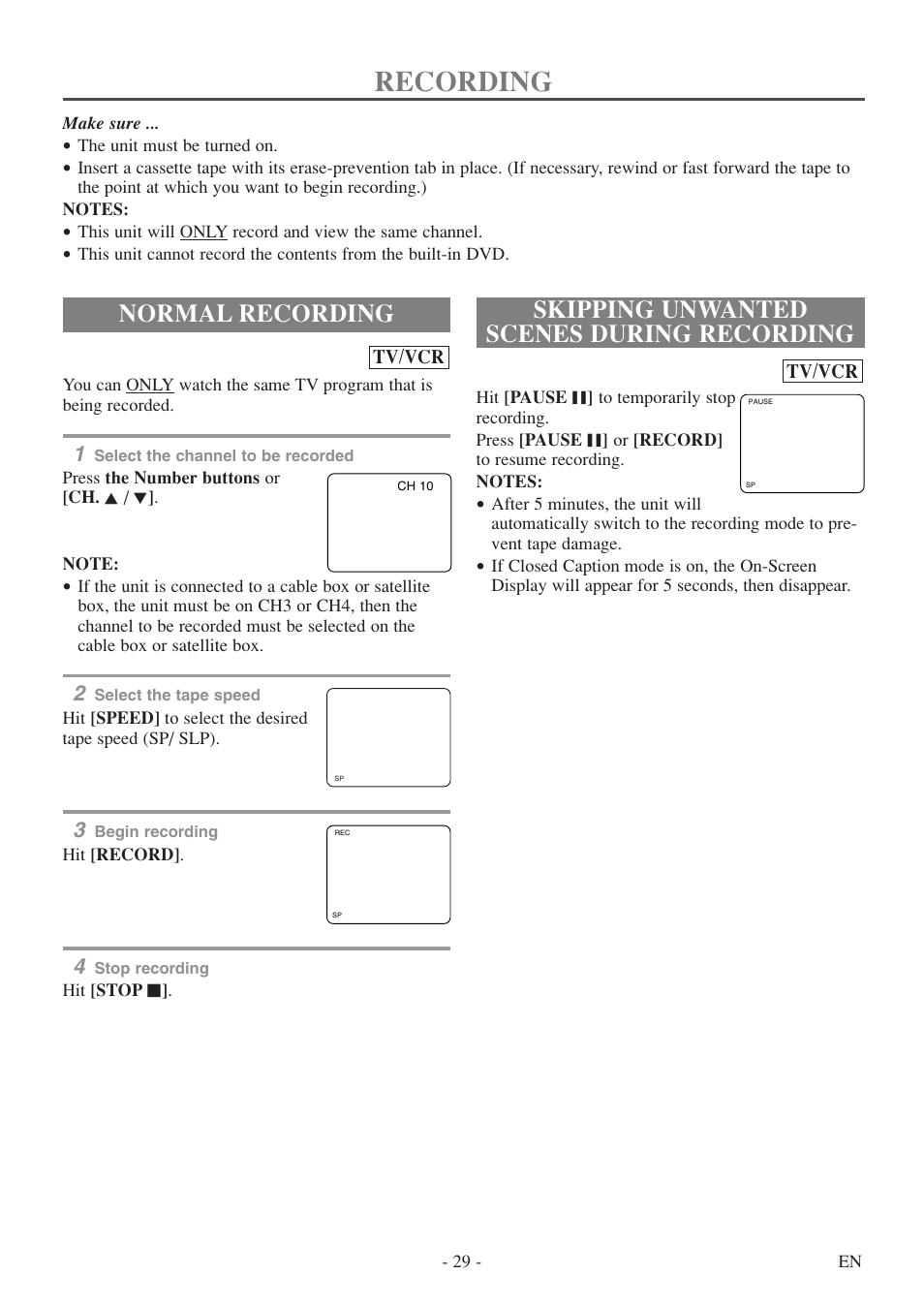 Recording, Normal recording, Skipping unwanted scenes during recording | Symphonic SC724FDF User Manual | Page 29 / 56