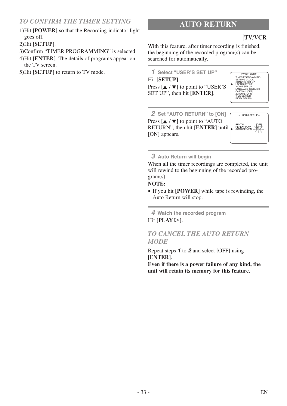 Auto return, Tv/vcr | Symphonic SC724FDF User Manual | Page 33 / 56