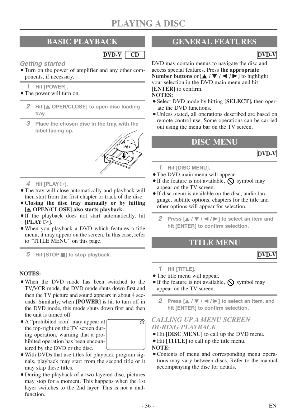 Playing a disc, Basic playback, General features | Title menu, Disc menu, Calling up a menu screen during playback | Symphonic SC724FDF User Manual | Page 36 / 56