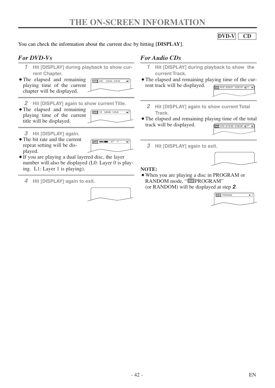 The on-screen information, For dvd-vs, For audio cds | Cd dvd-v | Symphonic SC724FDF User Manual | Page 42 / 56