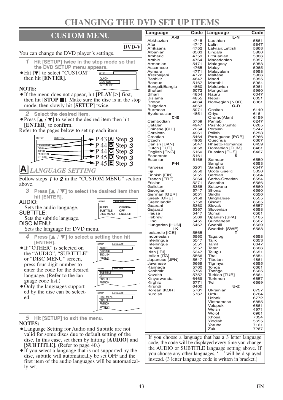 Changing the dvd set up items, Custom menu, Language setting | Dvd-v, 43 - en, You can change the dvd player’s settings, Ab c d e, Select the desired item, Press, Hit [setup] to exit the menu | Symphonic SC724FDF User Manual | Page 43 / 56