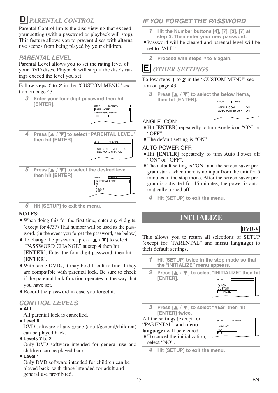 Initialize, Control levels, Parental control | If you forget the password, Other settings, Parental level, Dvd-v | Symphonic SC724FDF User Manual | Page 45 / 56