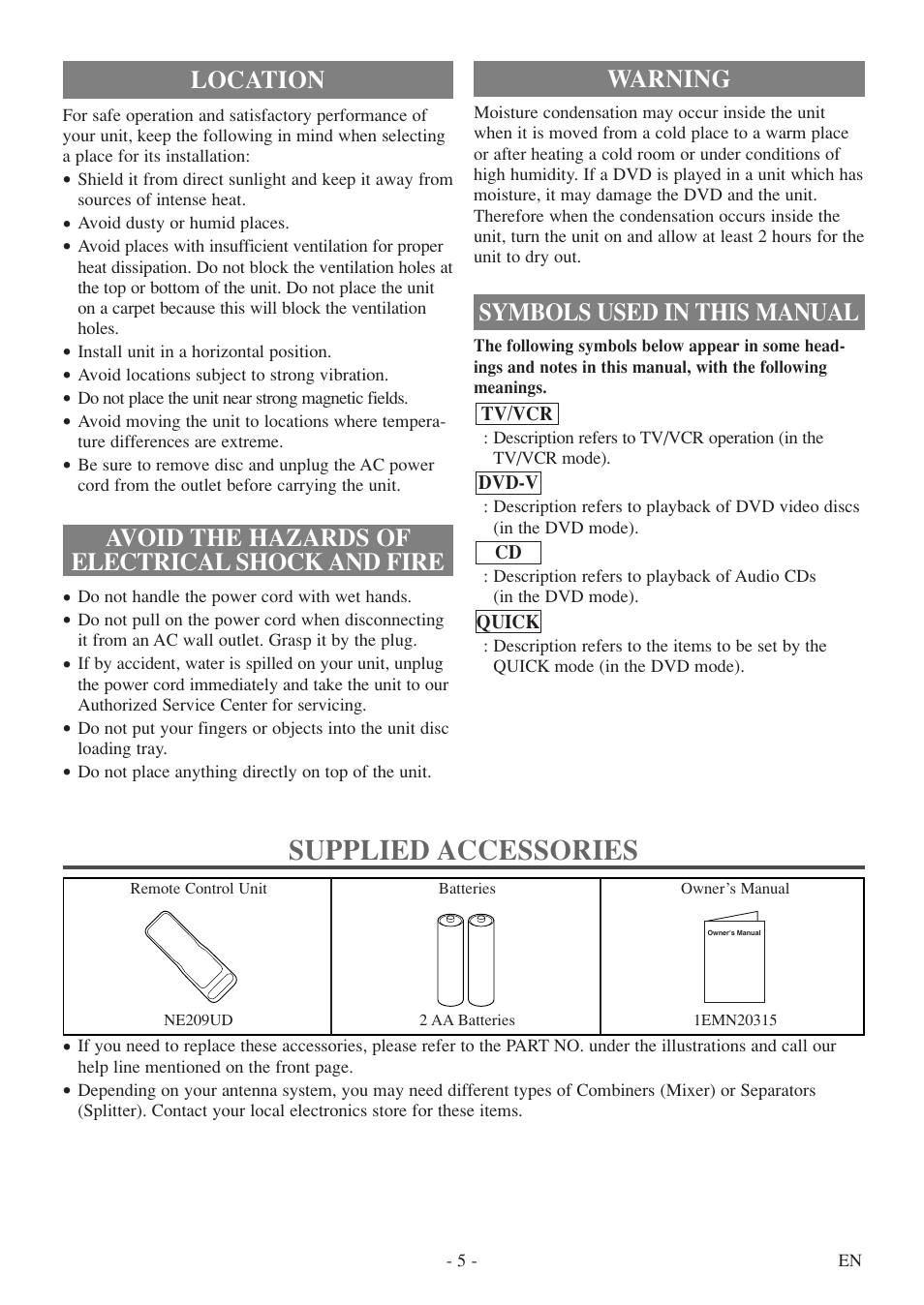 Supplied accessories, Warning, Symbols used in this manual | Symphonic SC724FDF User Manual | Page 5 / 56