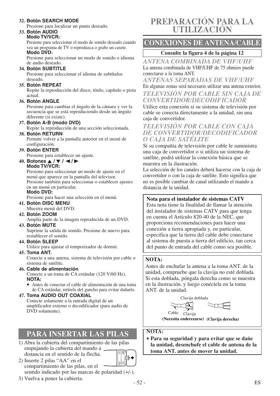 Preparación para la utilización, Para insertar las pilas, Conexiones de antena/cable | Antena combinada de vhf/uhf, Antenas separadas de vhf/uhf | Symphonic SC724FDF User Manual | Page 52 / 56