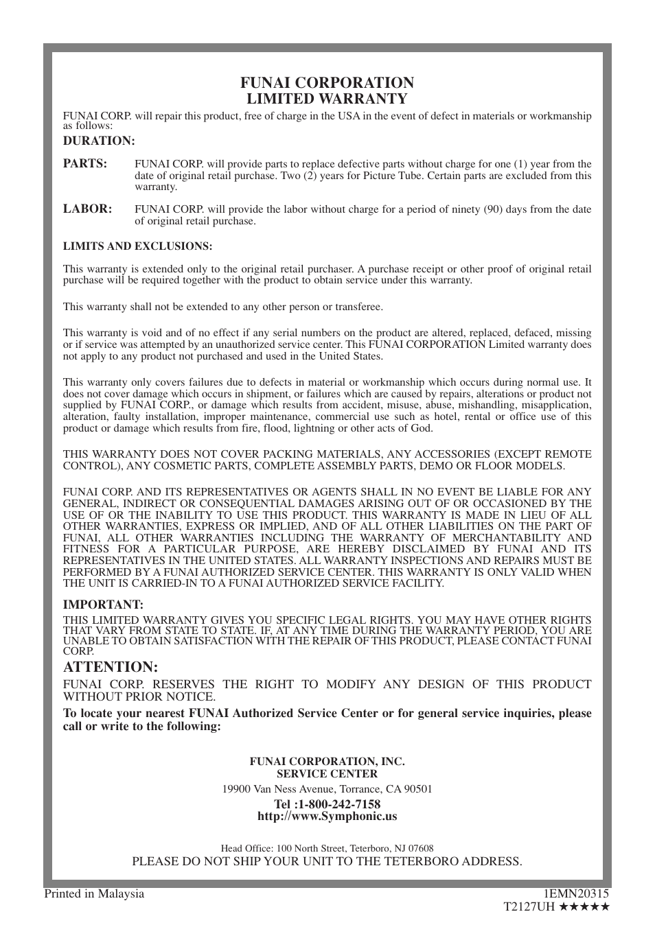 Funai corporation, Limited warranty, Attention | Symphonic SC724FDF User Manual | Page 56 / 56