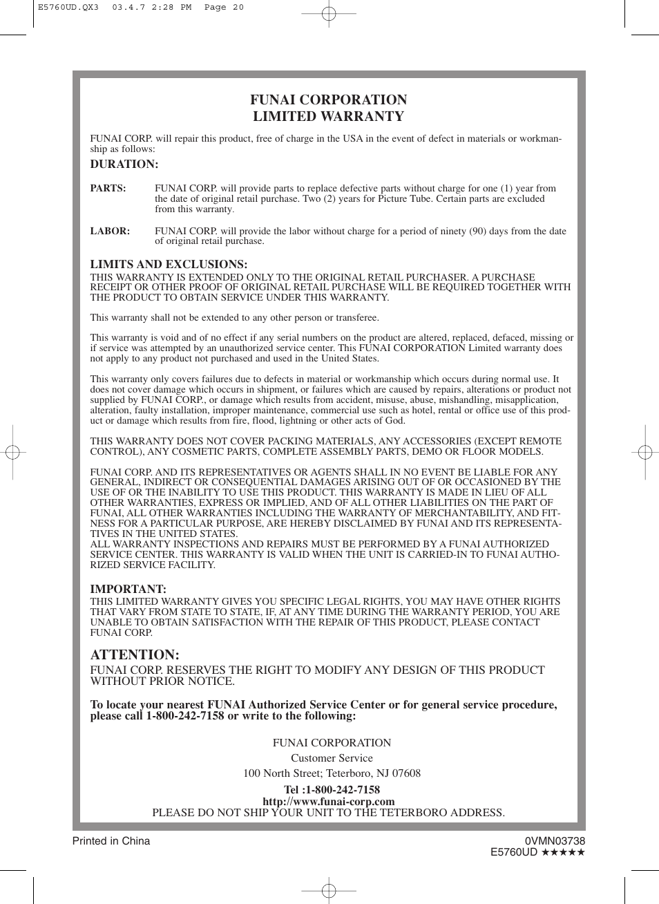 Funai corporation limited warranty, Attention | Symphonic SD300D User Manual | Page 20 / 20