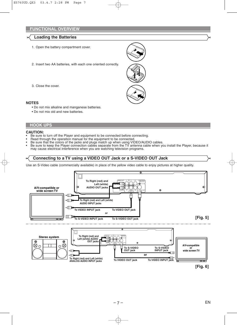 Functional overview loading the batteries hook ups, Fig. 5, Fig. 6 | Caution | Symphonic SD300D User Manual | Page 7 / 20