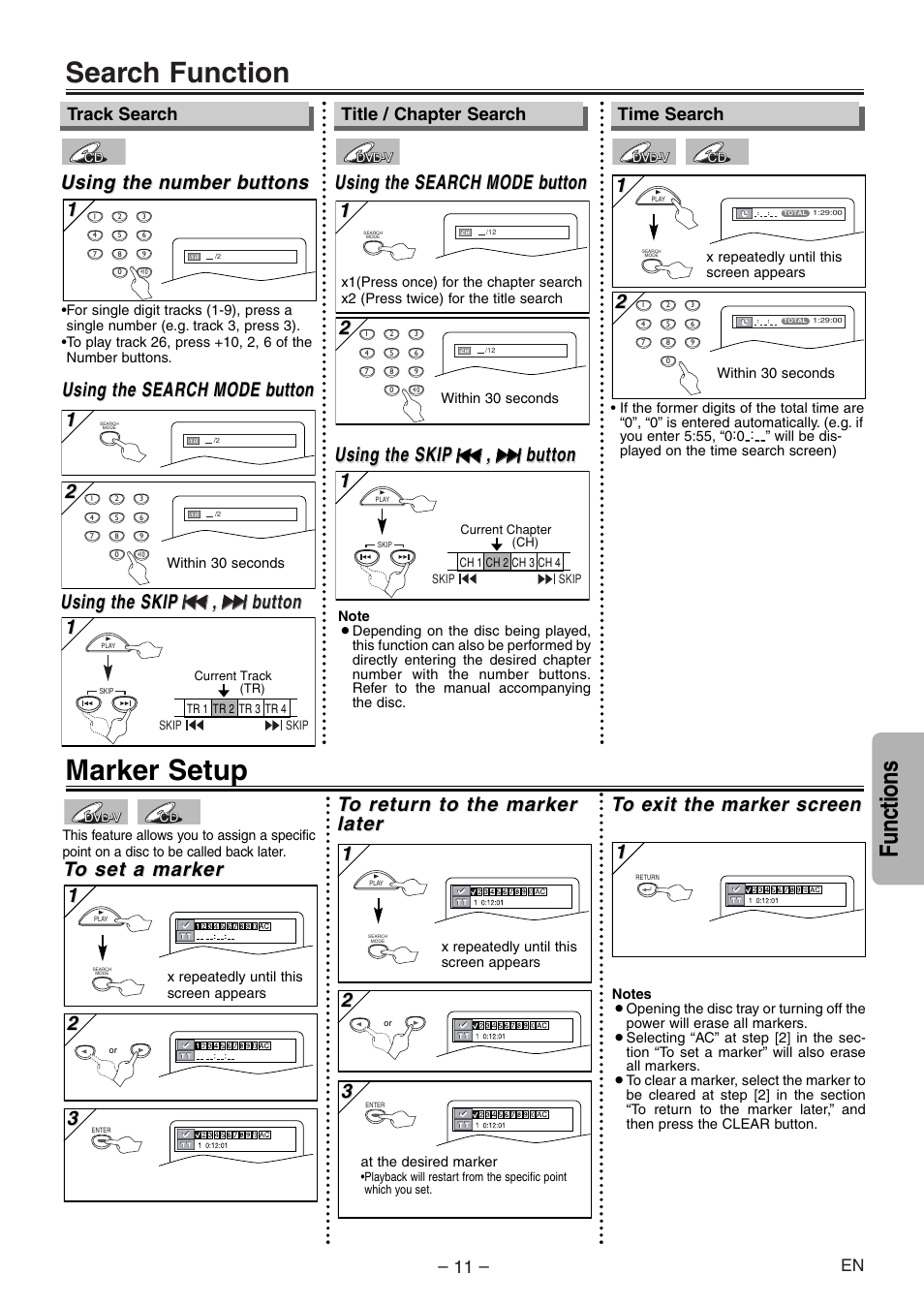 Search function, Marker setup, Functions | Using the search, Using the search mode mode b b utton utton 1 1, Using the n, Using the n umber b umber b uttons uttons, Using the search mode mode b b utton utton, Using the skip, Time search | Symphonic SD200E User Manual | Page 11 / 20