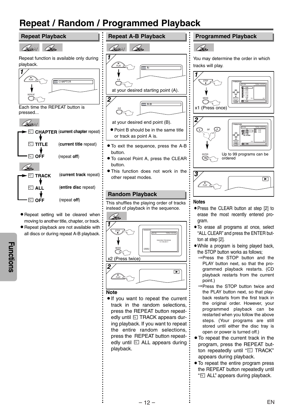 Repeat / random / programmed playback, Functions, Random playback | Symphonic SD200E User Manual | Page 12 / 20