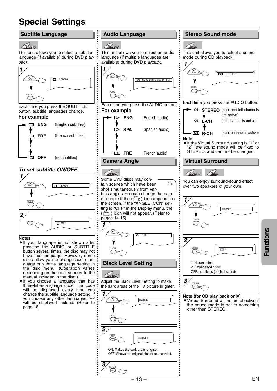 Special settings, Functions, Audio language | For example, Stereo sound mode camera angle, For example subtitle language, Black level setting, Virtual surround | Symphonic SD200E User Manual | Page 13 / 20