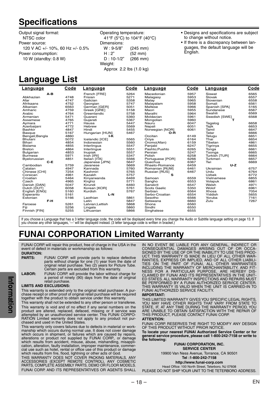 Language list, Specifications, Funai corporation limited warranty | Inf ormation | Symphonic SD200E User Manual | Page 18 / 20