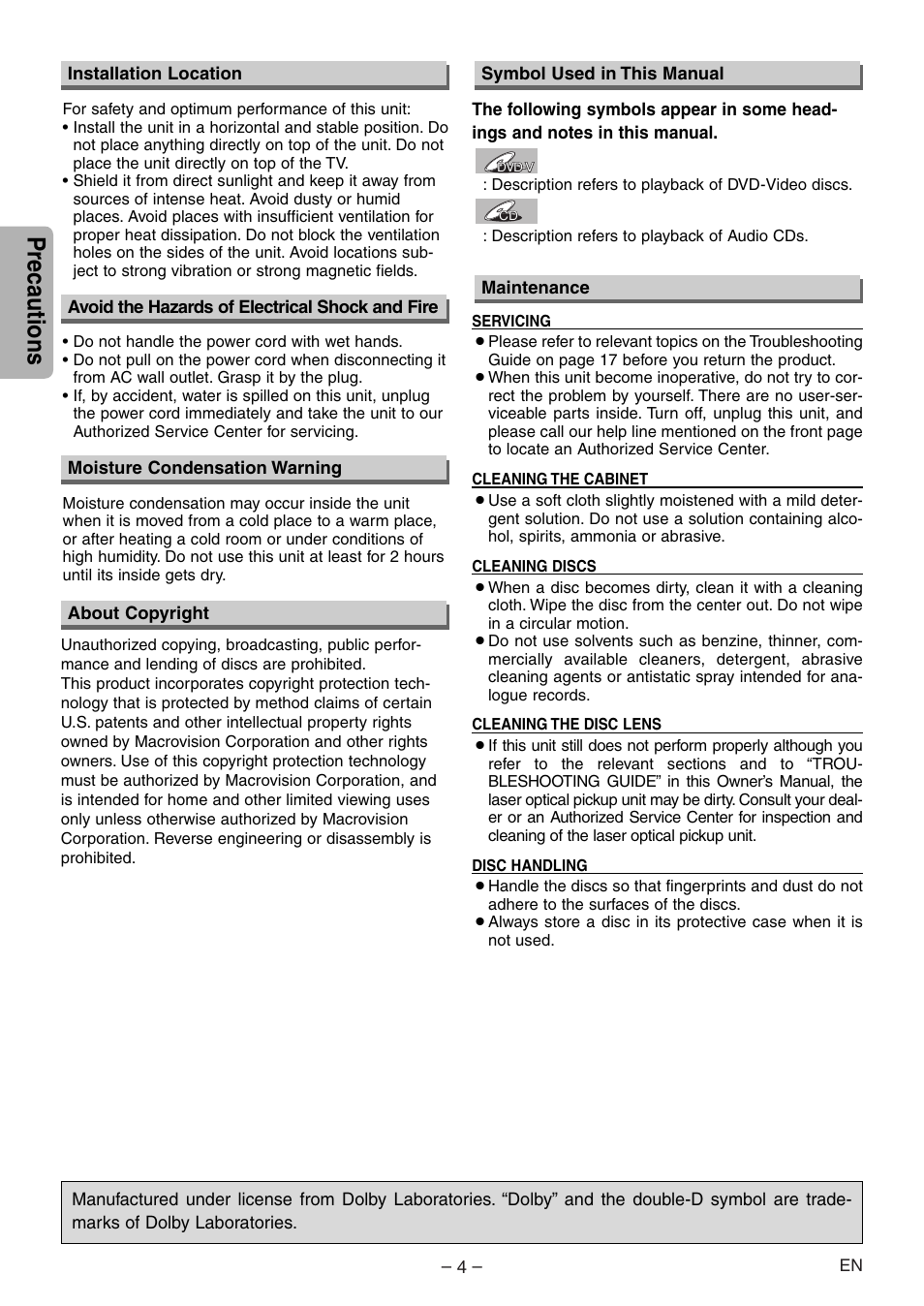 Precautions | Symphonic SD200E User Manual | Page 4 / 20