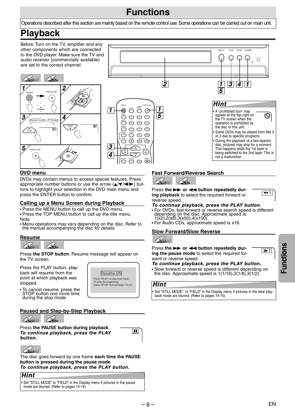 Playback, Functions, Hint | 5hint hint, 1hint hint | Symphonic SD200E User Manual | Page 9 / 20