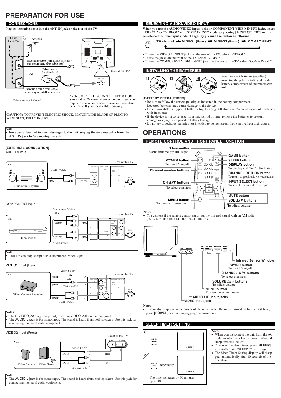 Preparation for use, Operations, Power play stop skip open/close rev fwd | Video l-audio-r menu volume channel power, Installing the batteries, 21 3 connections, Selecting audio/video input, Sleep timer setting, Remote control and front panel function | Symphonic ST432F User Manual | Page 2 / 4