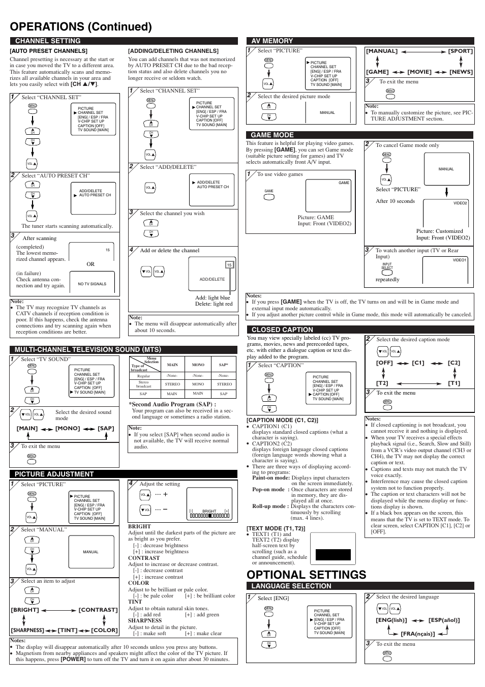 Operations (continued) optional settings, Language selection, Picture adjustment | Channel setting, Game mode, Multi-channel television sound (mts), Closed caption | Symphonic ST432F User Manual | Page 3 / 4