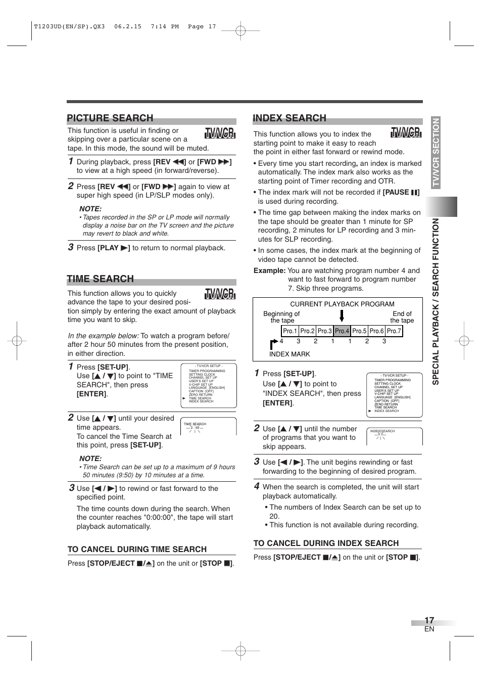 Tv/vcr, Time search, Index search | Picture search | Symphonic SC720FDF User Manual | Page 17 / 44