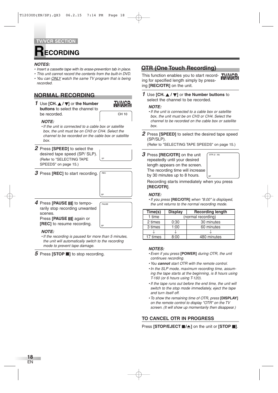 Tv/vcr, Ecording, Normal recording | Otr (one touch recording) | Symphonic SC720FDF User Manual | Page 18 / 44