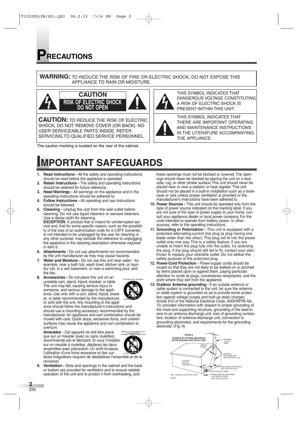 Mportant safeguards, Recautions, Caution | Caution risk of electric shock do not open, Warning | Symphonic SC720FDF User Manual | Page 2 / 44