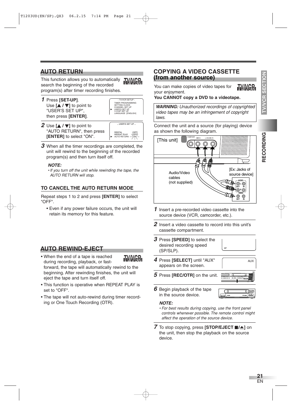 Tv/vcr, Auto return, Copying a video cassette (from another source) | Auto rewind-eject | Symphonic SC720FDF User Manual | Page 21 / 44