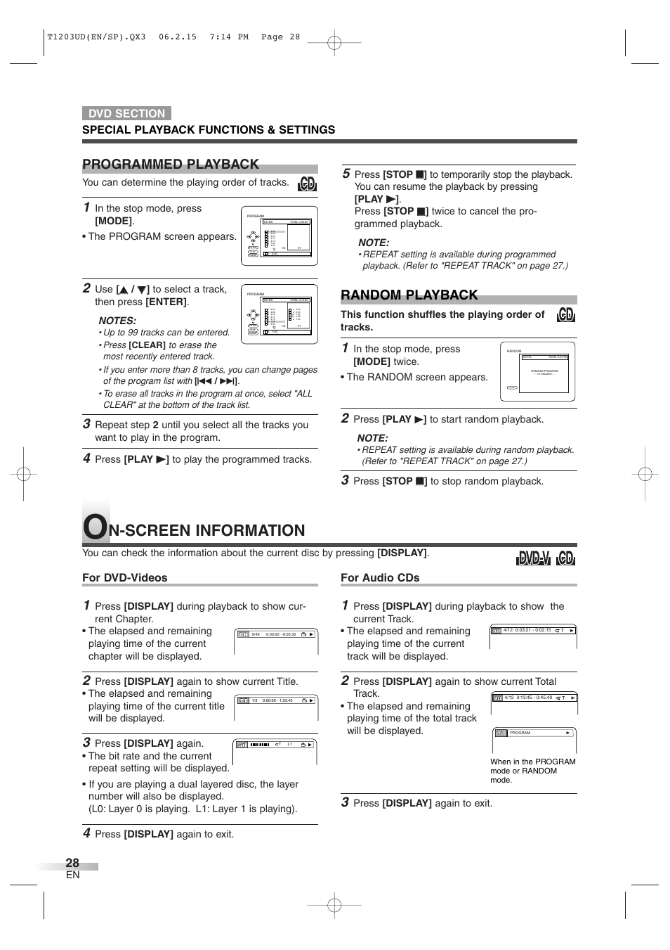 N-screen information, Programmed playback random playback, For dvd-videos | For audio cds | Symphonic SC720FDF User Manual | Page 28 / 44