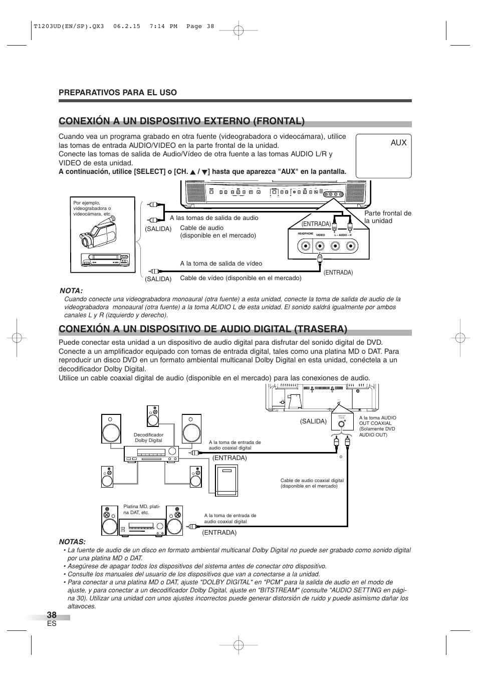 Conexión a un dispositivo externo (frontal), Preparativos para el uso | Symphonic SC720FDF User Manual | Page 38 / 44
