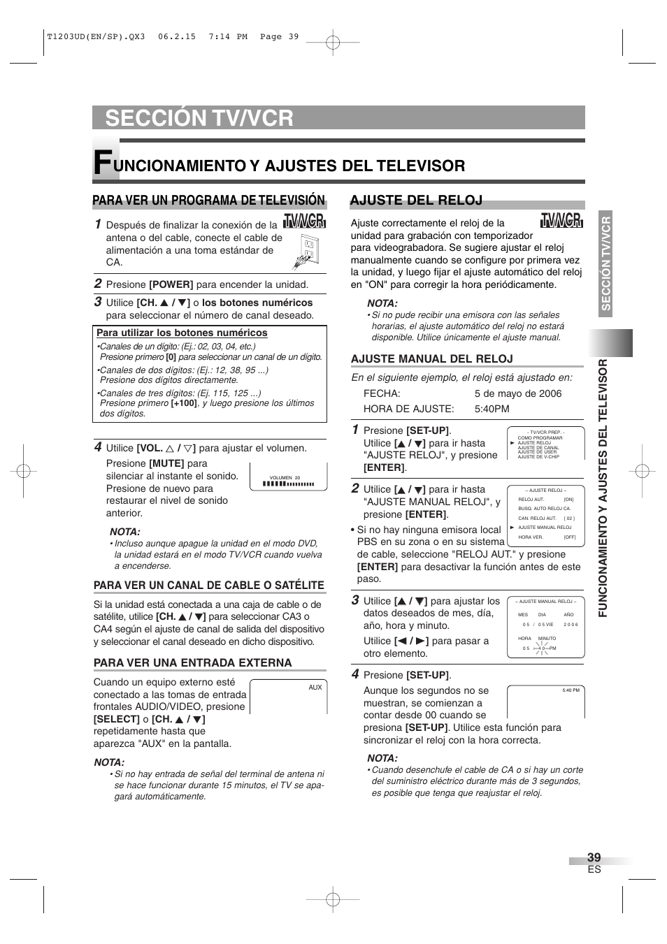 Sección tv/vcr, Tv/vcr, Uncionamiento y ajustes del televisor | Para ver un programa de televisión, Ajuste del reloj | Symphonic SC720FDF User Manual | Page 39 / 44