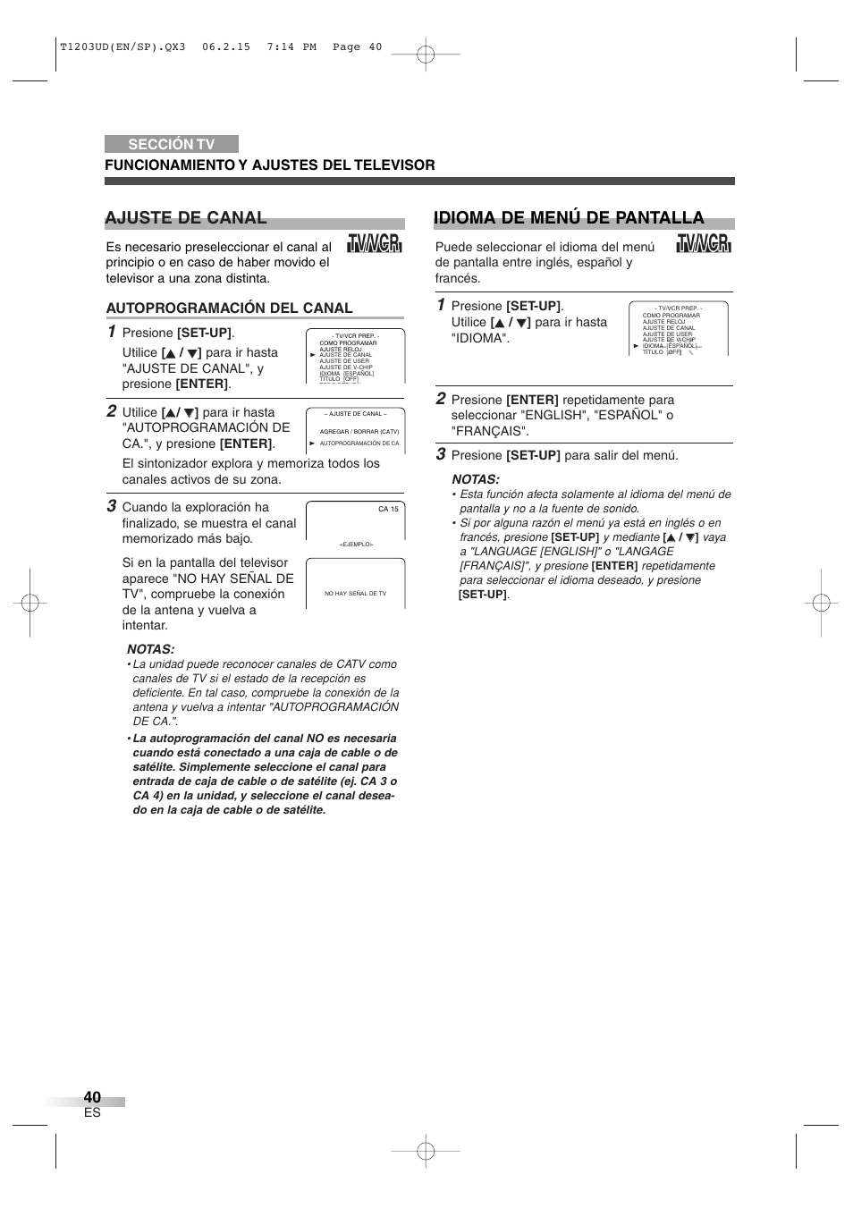 Tv/vcr, Ajuste de canal, Idioma de menú de pantalla | Symphonic SC720FDF User Manual | Page 40 / 44