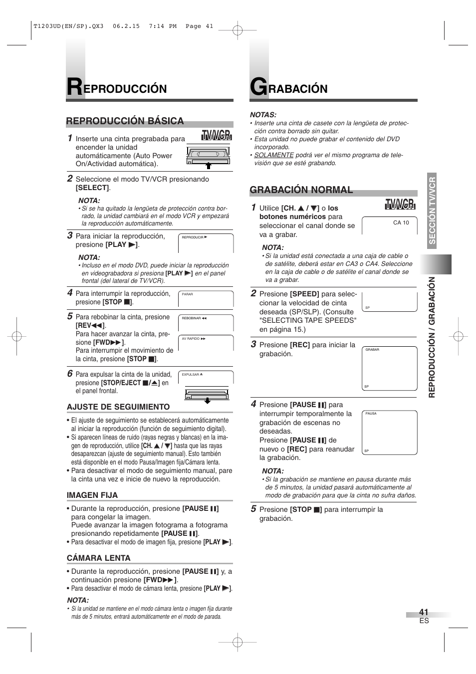 Tv/vcr, Eproducción, Rabación | Grabación normal, Reproducción básica | Symphonic SC720FDF User Manual | Page 41 / 44