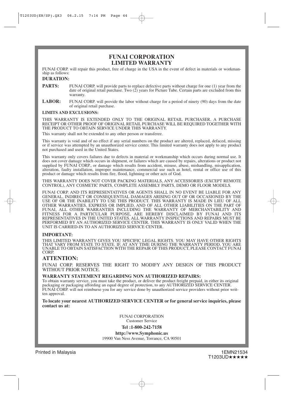 Funai corporation, Limited warranty, Attention | Symphonic SC720FDF User Manual | Page 44 / 44