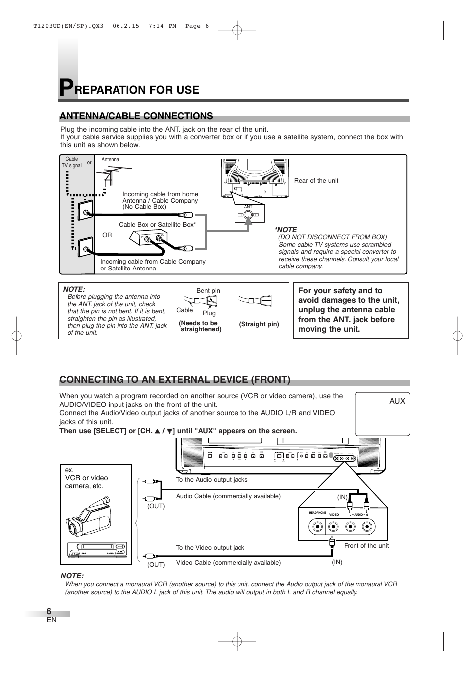 Reparation for use, Antenna/cable connections, Connecting to an external device (front) | Symphonic SC720FDF User Manual | Page 6 / 44