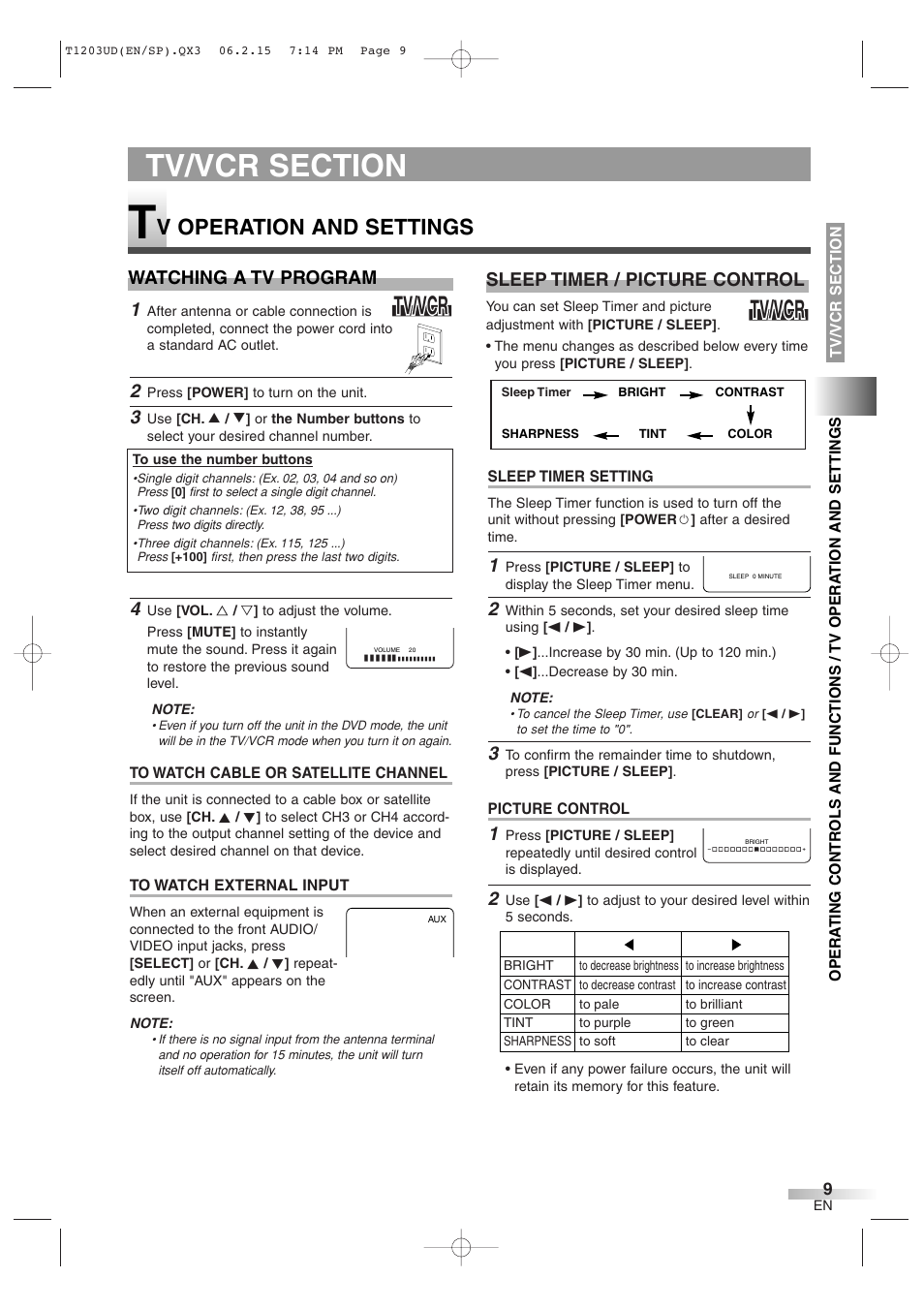 Tv/vcr, V operation and settings, Watching a tv program | Sleep timer / picture control | Symphonic SC720FDF User Manual | Page 9 / 44