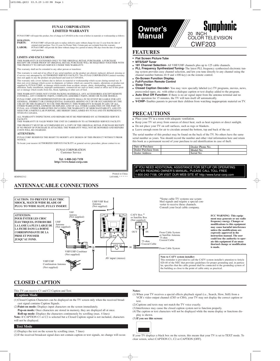 Symphonic CWF203 User Manual | 4 pages