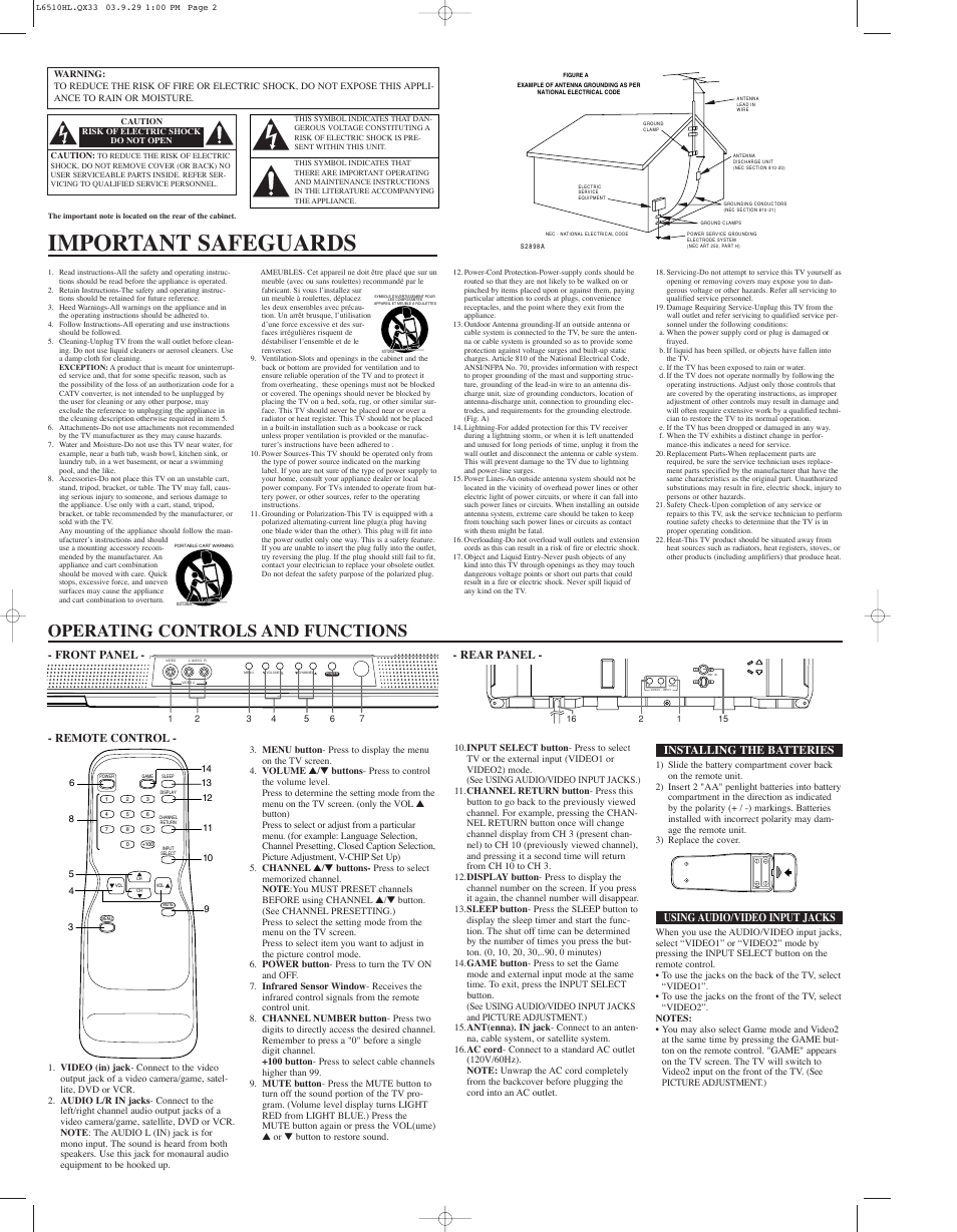 Important safeguards, Operating controls and functions, Remote control | Installing the batteries, Using audio/video input jacks, Front panel - - rear panel | Symphonic CWF203 User Manual | Page 2 / 4