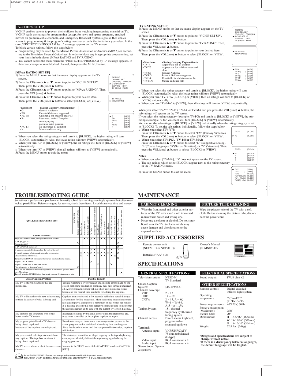 Owner’s manual, General specifications, Electrical specifications | Other specifications, Cabinet cleaning, Picture tube cleaning, V-chip set up | Symphonic CWF203 User Manual | Page 4 / 4