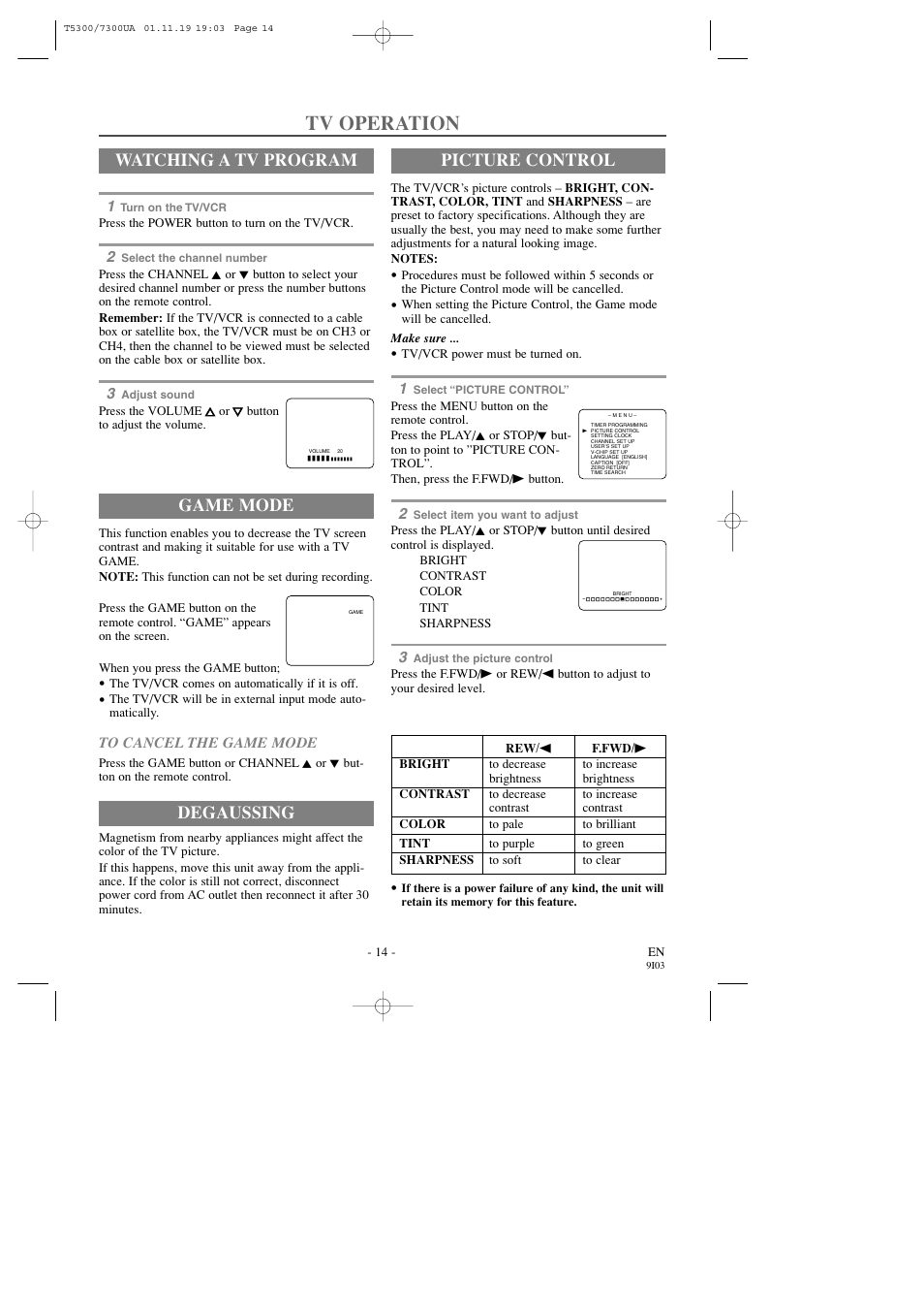 Tv operation, Watching a tv program, Game mode | Picture control, Degaussing | Symphonic SC313C User Manual | Page 14 / 32