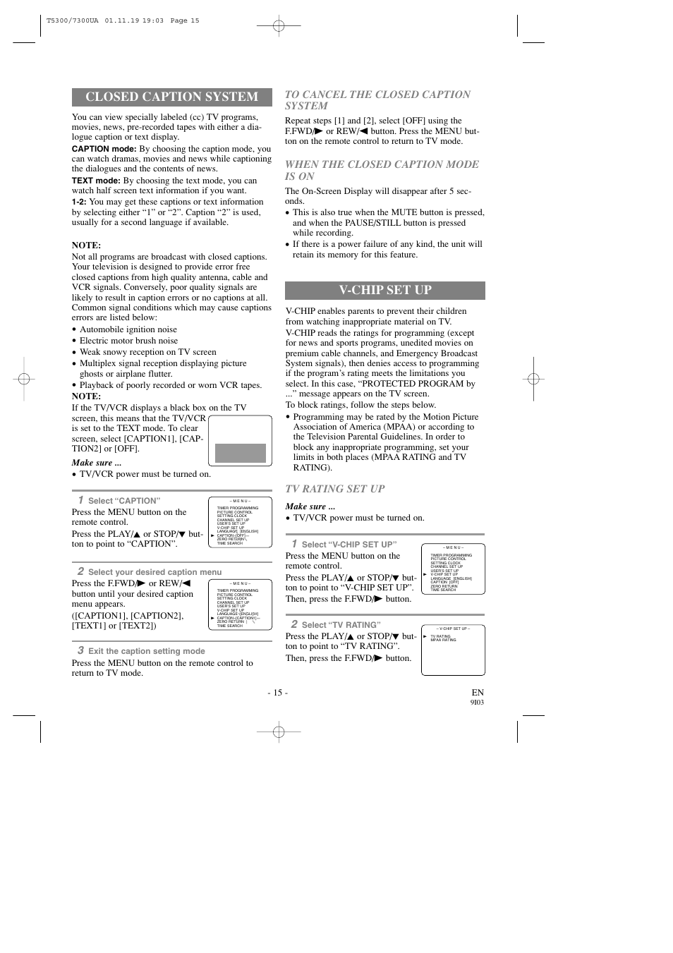 Closed caption system, V-chip set up | Symphonic SC313C User Manual | Page 15 / 32