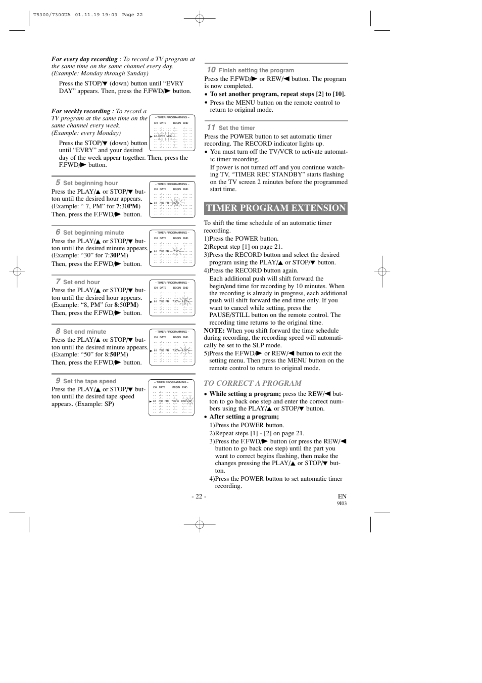 Timer program extension, 22 - en, Set beginning hour | Set beginning minute, Set end hour, Set end minute, Set the tape speed, Finish setting the program, Set the timer, 9i03 | Symphonic SC313C User Manual | Page 22 / 32