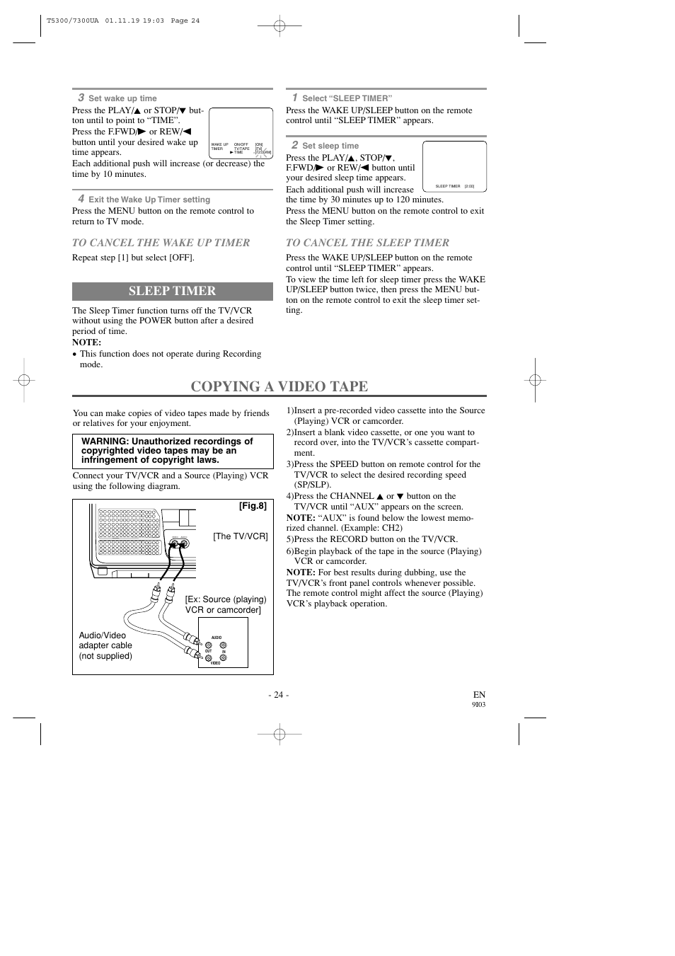 Copying a video tape, Sleep timer | Symphonic SC313C User Manual | Page 24 / 32