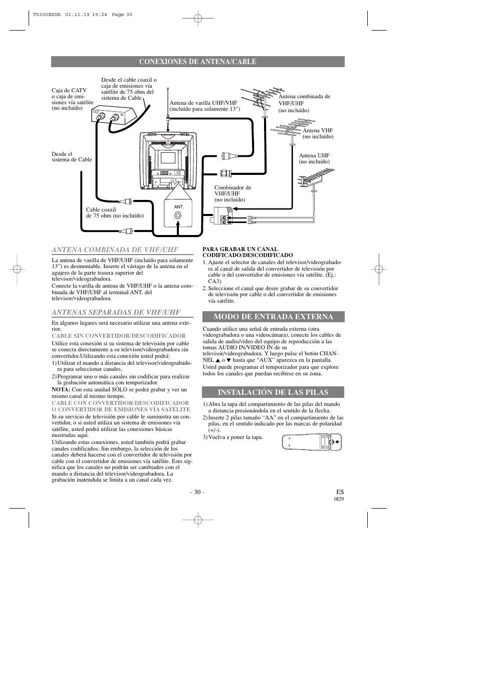 Conexiones de antena/cable, Antena combinada de vhf/uhf, Antenas separadas de vhf/uhf | Modo de entrada externa, Instalación de las pilas | Symphonic SC313C User Manual | Page 30 / 32