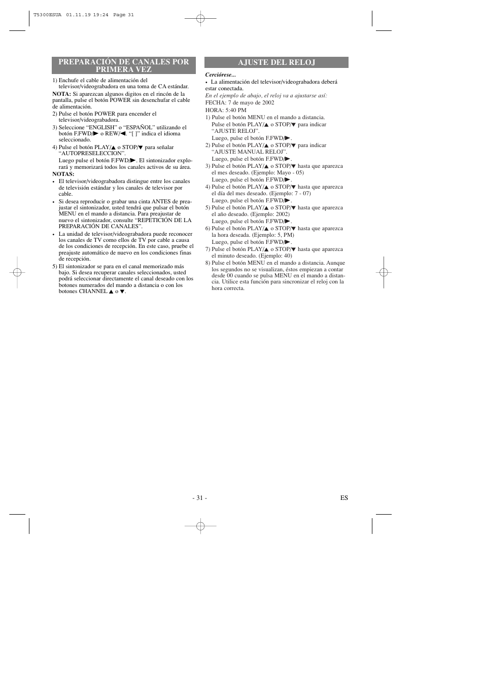 Preparación de canales por primera vez, Ajuste del reloj | Symphonic SC313C User Manual | Page 31 / 32