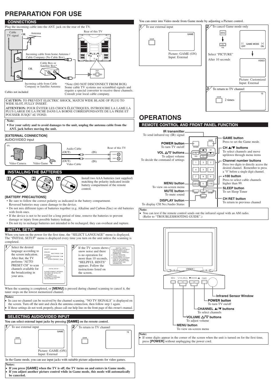 Preparation for use, Operations, Ｍｅｎｕ ｖｏｌｕｍｅ ｃｈａｎｎｅｌ ｐｏｗｅｒ | Ａｎｔ． ａｕｄｉｏ ｖｉｄｅｏ, Connections, X/ y y, Installing the batteries, 21 3 selecting audio/video input, Selecting audio/video input, Initial setup | Symphonic WF206 User Manual | Page 2 / 8